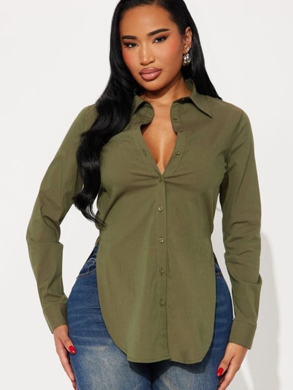Fashion Nova Olive Green Button-Down Shirt